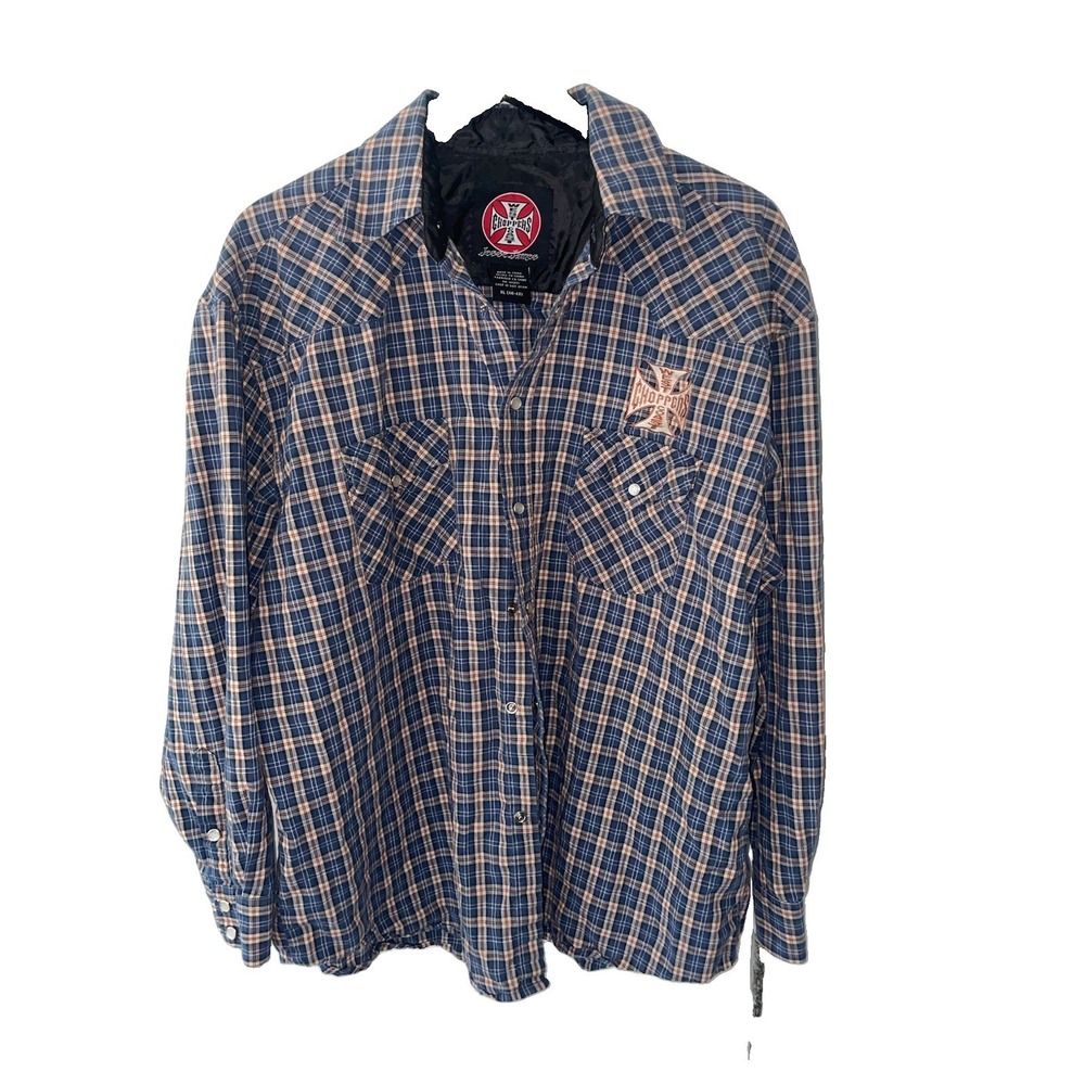 West Coast Choppers Shirt Mens Large Blue Plaid Long Sleeve Western Snap Flannel